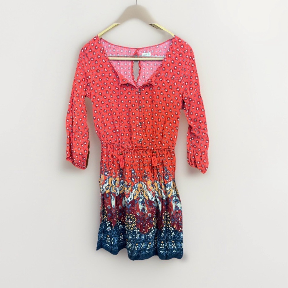 Hollister Women S Mini Dress Boho Cinch Waist Tassel Red Blue Keyhole 3/4 Sleeve
